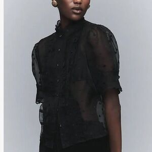 Maeve Puff-Sleeve Sheer Ruffle Blouse NWT